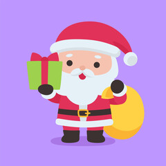 Cute Santa Claus Holding a Christmas Gift and Sack on a Bright Purple Background