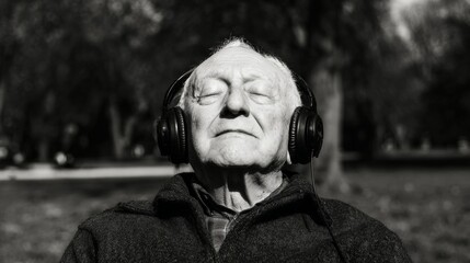 Senior man listening to music with headphones outdoors in soft sunlight peaceful moment of relaxation and lifestyle