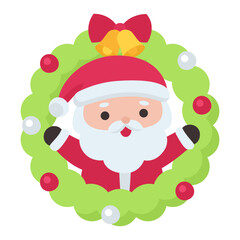 Santa Claus Inside a Bright Green Christmas Wreath with Bow in Cute Holiday