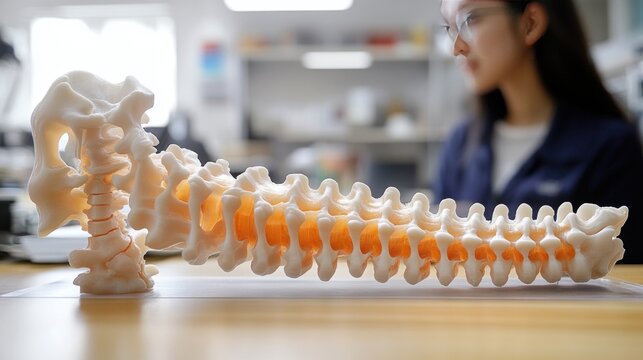 3d printed spine model in lab highlights advancements in tissue engineering and bone printing technology.