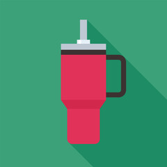 Flat Vector Red Travel Tumbler with Straw in Long Shadow Minimal Style on Green Background