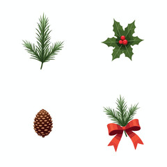 Set of Christmas Botanical Icons: Fir Branch, Holly, Cone, and Bow