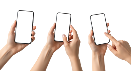 Three isolated shots of hands holding smartphones with blank white screens on a black background