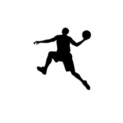 Silhouette of a basketball player jumping with ball isolated on white background