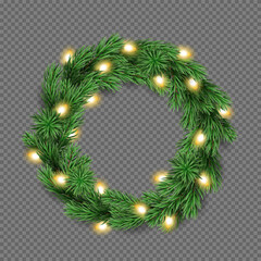 Christmas tree wreath with lights isolated on a transparent background. Vector realistic pine tree branches with light bulbs for winter decoration banner, poster, greeting card.