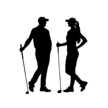 Silhouette of a couple golfing together on a sunny day isolated on white