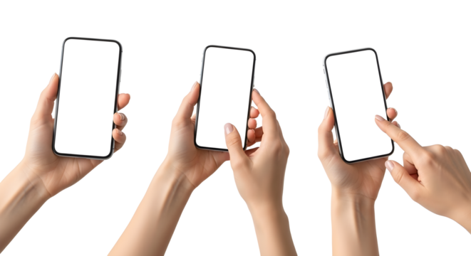 Three isolated shots of hands holding smartphones with blank white screens on a black background