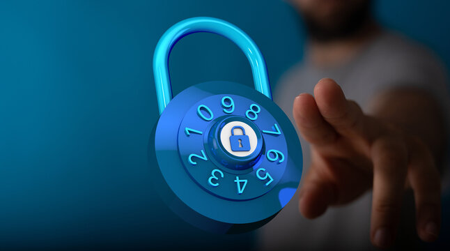 Abstract image depicting cybersecurity concept, protection, and safety. Hand reaching towards a digital padlock - Powered by Adobe