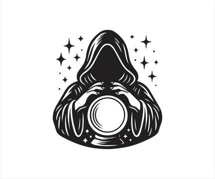 Mystic Hooded Sorcerer Silhouette with Crystal Ball &ndash; Fortune Teller Magic Vector Illustration