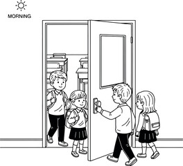 Family And Friends At Open Front Door In Morning, Welcoming Each Other Home