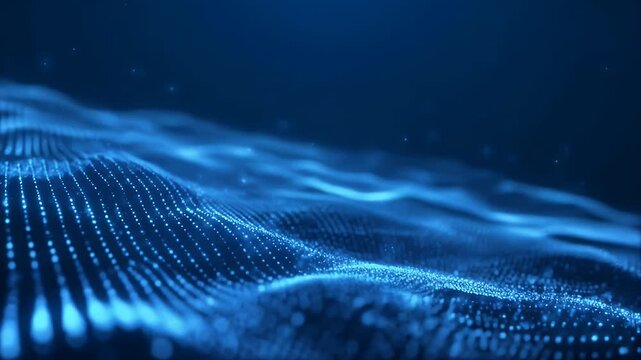 Abstract futuristic technology background with a dynamic wave of glowing blue particles representing a complex digital data stream