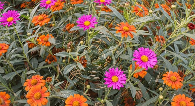 A vibrant field of pink and orange daisy flowers in a lush garden is distorted with a surreal swirling vortex effect, creating an abstract and psychedelic floral background