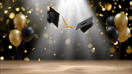 Graduates wearing mortarboards celebrating academic achievement, colorful balloons rising above wooden stage marking moment milestone video 4k