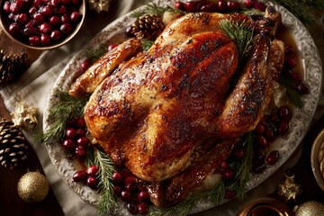 Roast turkey on platter surrounded by cranberries, pinecones. Golden brown, glistening with herbs. Concept of festive, cozy atmosphere with juicy whole turkey roasted golden.