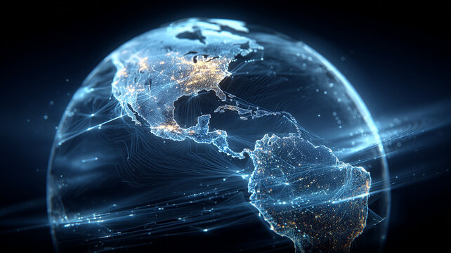 A digital representation of the Americas wrapped in intricate network lines, expressing continental data routes, economic integration