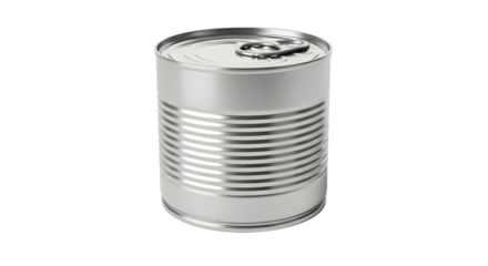 A close up of a silver metal food can with a pull tab on top against a black background plain studio shot