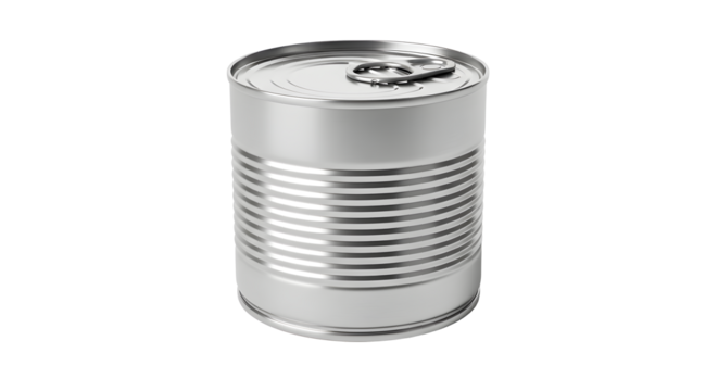 A close up of a silver metal food can with a pull tab on top against a black background plain studio shot