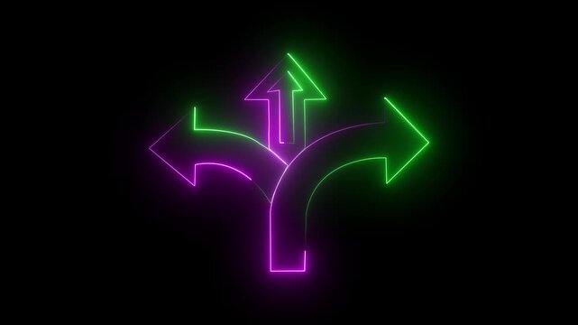 Animated three-way direction arrow sign featuring dynamic road guidance movement with three arrows pointing in multiple paths on a clean dark background