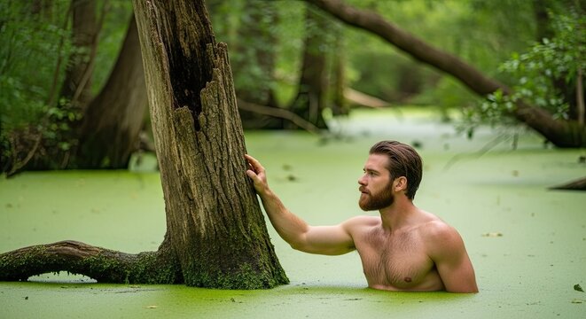 A shirtless bearded man stands in a vibrant green swamp, gently touching a weathered tree trunk with a contemplative expression, surrounded by lush forest