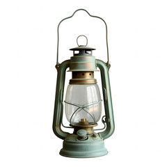 Vintage kerosene lantern with a distressed teal and brass finish transparent background