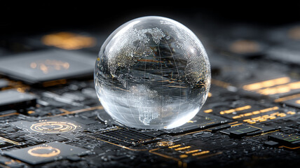 Global digital connectivity represented by a transparent world sphere resting on an electronic circuit board, illustrating the dependence of modern economies on secure data networks.