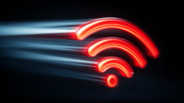 Stylized wireless signal icon streaking through space to express ultra fast internet connectivity and high performance online communication.
