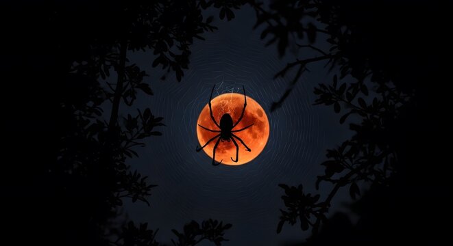 Spider on web silhouette against a vivid orange full moon with dark tree branches at night. - Powered by Adobe