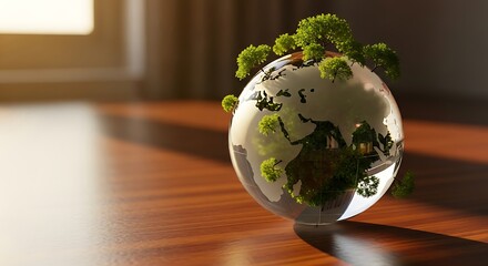 Glass globe with miniature green homes and trees symbolizing sustainable living.