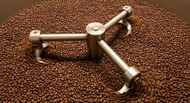 Freshly roasted coffee beans are actively stirred by a shiny metal agitator inside a large industrial roaster, creating a dynamic motion blur