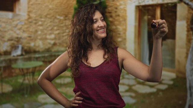 Young hispanic woman smiling, holding a cherry between fingers at building entrance with stone patio and doorway; home play joy.