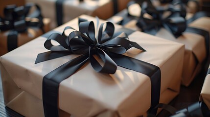 Elegantly wrapped presents adorned with sophisticated dark ribbons, symbolizing thoughtful gestures and anticipation