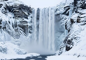 Majestic Winter Waterfall in Iceland with Ice and Snow Covered Cliffs and River