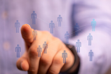 Connecting people in business, network technology. Hand pointing at digital interface. Communication, global ne