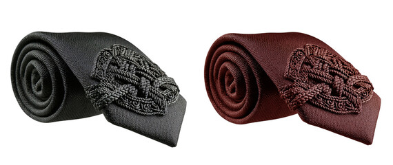 Elegant neckties in black and burgundy with intricate knot designs on display on transparent background