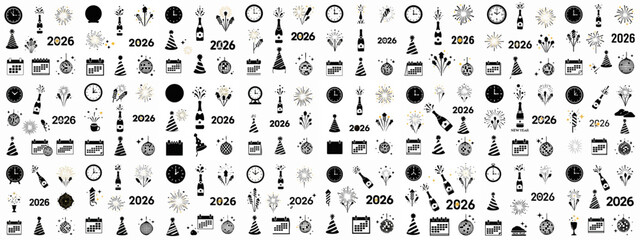 Festive New Year 2026 Icon Set: Celebration Symbols, Fireworks, Champagne, and Midnight Clock.