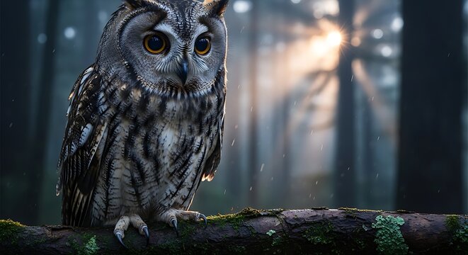 Owl perched on branch with forest background sunlight and bokeh