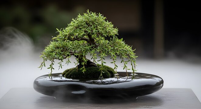 A mini bonsai tree with thick green foliage, planted in a round stone pot in a foggy or soft-focus environment.