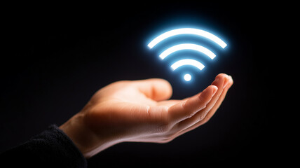 Human hand presenting a wifi icon symbolizing wireless internet connectivity access and modern communication services.
