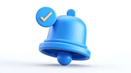 A 3D rendering of a blue bell with a notification indicating a task or message completion, set against a pristine white background.