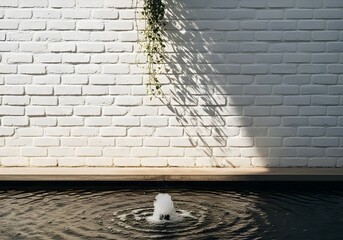 Minimalist Zen Fountain with White Brick Wall and Green Plant Shadow Serene Atmosphere