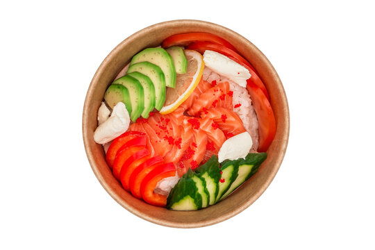 Delicious fresh salmon with avocado, cucumber, rice and cheese poke bowl in paper package for take away or food delivery isolated on white background. Top view. Healthy food. Traditional Japanese food