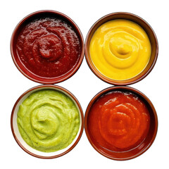 Four bowls filled with different colorful sauces