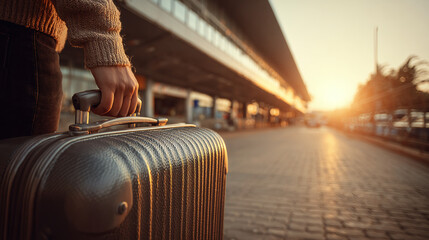 Journey at Sunset: A traveler grips their luggage, ready for adventure. The warm sunlight promises new experiences and memories ahead.