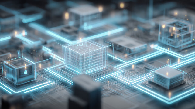 A virtual city of interconnected data center structures linked by glowing routes to portray cloud computing, secure infrastructure and the backbone of digital services for modern organizations.
