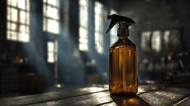 Amber spray bottle with black nozzle atop a wooden table, bathed in sunlight against an industrial backdrop for versatile use.
