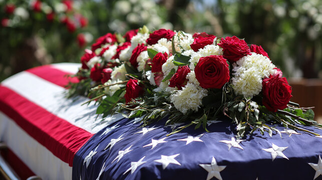 American flag draped casket adorned with red and white flowers, symbolizing respect, honor, and solemn remembrance in a garden setting.
