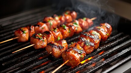 A home chef grilling marinated skewers on an outdoor barbecue, with smoke rising