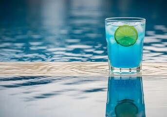 Refreshing blue cocktail with lime slice by the swimming pool for summer vacation vibes