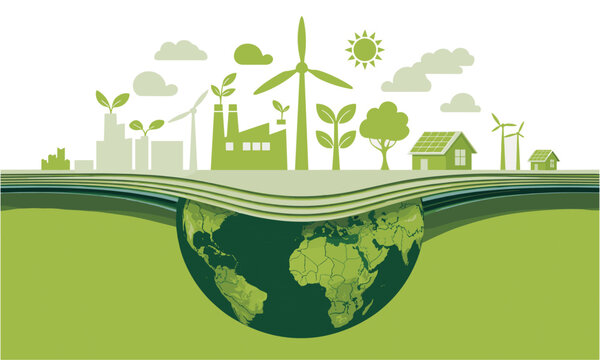 Promote sustainability with a vibrant illustration of green energy powering a healthy, modern planet