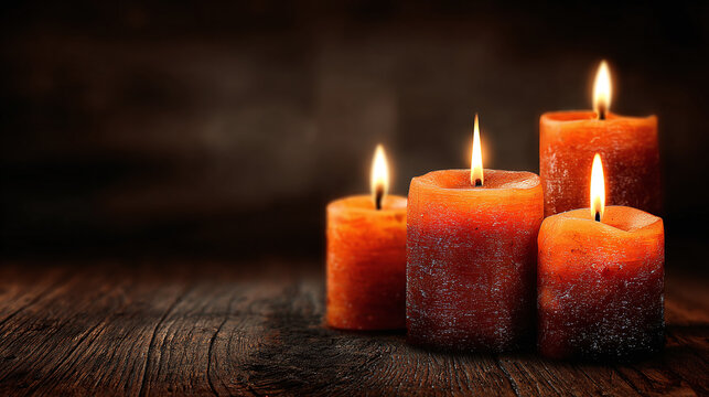 Illuminating orange candles on a wooden surface casting soft shadows in the dark, creating a warm and peaceful ambiance, adding light to darkness.